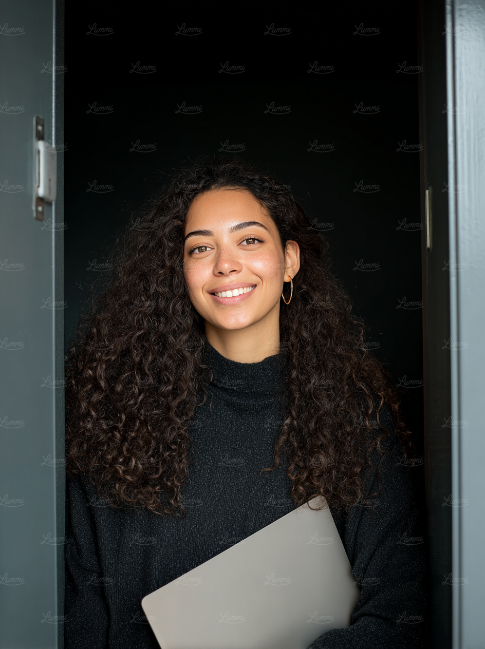Woman with Laptop by Door