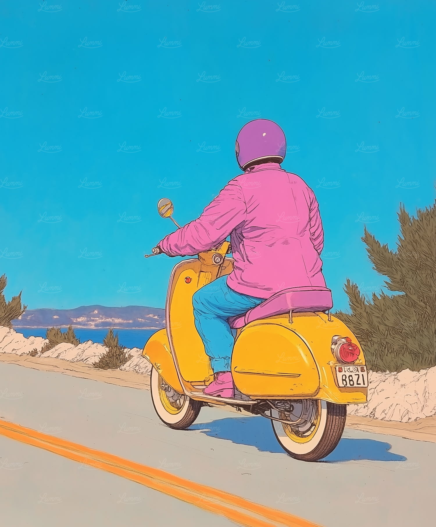 Lummi Illustration Person Riding Yellow Scooter on Coastal Road